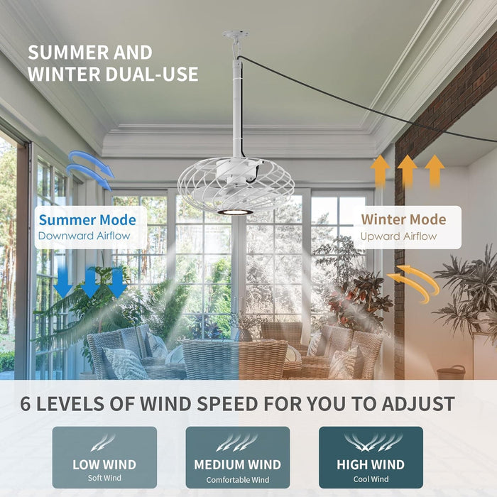 15 in. Outdoor Ceiling Fan with Light, White Waterproof Gazebo Fan with Light Remote, Dimmable LED Hanging Caged Ceiling Fan Light Fixture, Pergola Fan -8-ErisView