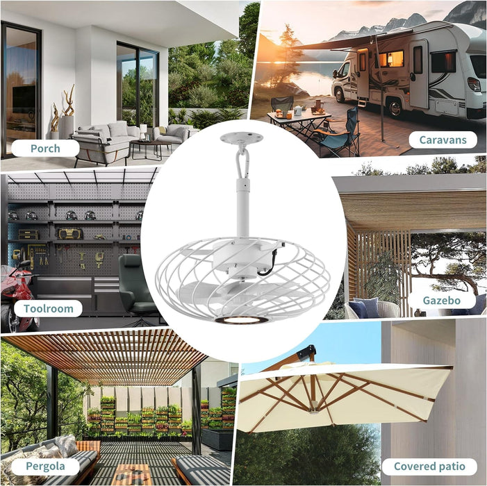 15 in. Outdoor Ceiling Fan with Light, White Waterproof Gazebo Fan with Light Remote, Dimmable LED Hanging Caged Ceiling Fan Light Fixture, Pergola Fan -9-ErisView