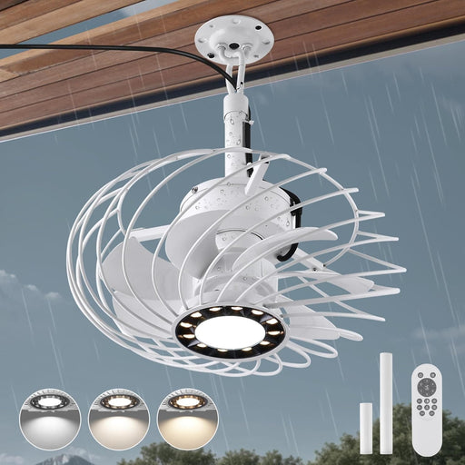 15 in. Outdoor Ceiling Fan with Light, White Waterproof Gazebo Fan with Light Remote, Dimmable LED Hanging Caged Ceiling Fan Light Fixture, Pergola Fan -1-ErisView