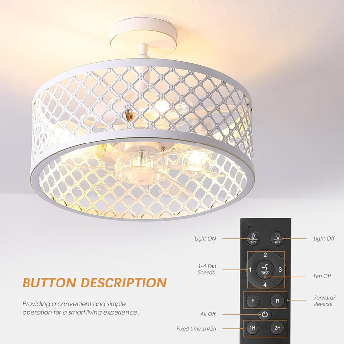 15 in. White Caged Ceiling Fan with Light, Modern Industrial Ceiling Fans Remote Control Fan, Semi Flush Mount Ceiling Fan for Kitchen Bedroom Living Room -2-ErisView
