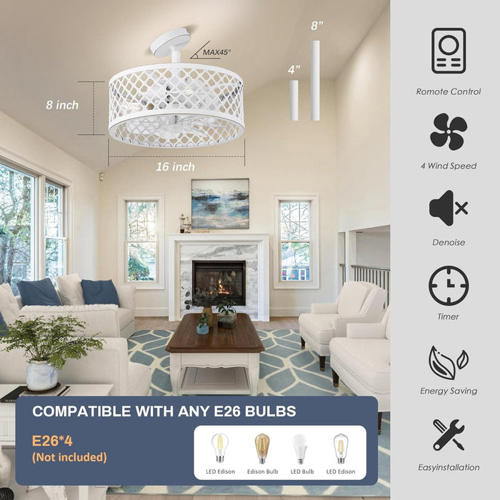15 in. White Caged Ceiling Fan with Light, Modern Industrial Ceiling Fans Remote Control Fan, Semi Flush Mount Ceiling Fan for Kitchen Bedroom Living Room -4-ErisView