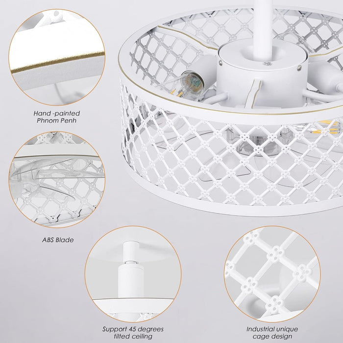 15 in. White Caged Ceiling Fan with Light, Modern Industrial Ceiling Fans Remote Control Fan, Semi Flush Mount Ceiling Fan for Kitchen Bedroom Living Room -5-ErisView
