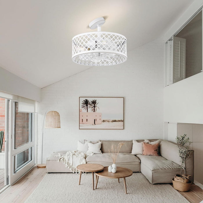 15 in. White Caged Ceiling Fan with Light, Modern Industrial Ceiling Fans Remote Control Fan, Semi Flush Mount Ceiling Fan for Kitchen Bedroom Living Room -7-ErisView