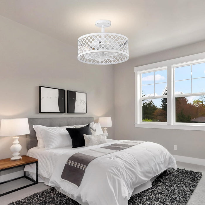 15 in. White Caged Ceiling Fan with Light, Modern Industrial Ceiling Fans Remote Control Fan, Semi Flush Mount Ceiling Fan for Kitchen Bedroom Living Room -8-ErisView
