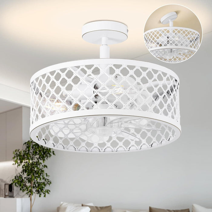 15 in. White Caged Ceiling Fan with Light, Modern Industrial Ceiling Fans Remote Control Fan, Semi Flush Mount Ceiling Fan for Kitchen Bedroom Living Room -1-ErisView
