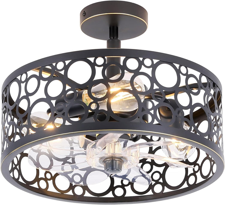 15 in. White Round Caged Ceiling Fan with Lights and Remote, Small Retro Farmhouse Flush Mount Bladeless Ceiling Fan Light Fixture for Bedroom Kitchen-10-ErisView