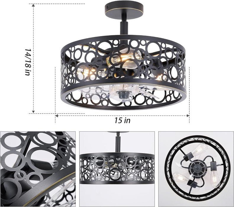 15 in. White Round Caged Ceiling Fan with Lights and Remote, Small Retro Farmhouse Flush Mount Bladeless Ceiling Fan Light Fixture for Bedroom Kitchen-11-ErisView
