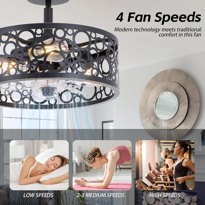 15 in. White Round Caged Ceiling Fan with Lights and Remote, Small Retro Farmhouse Flush Mount Bladeless Ceiling Fan Light Fixture for Bedroom Kitchen-12-ErisView