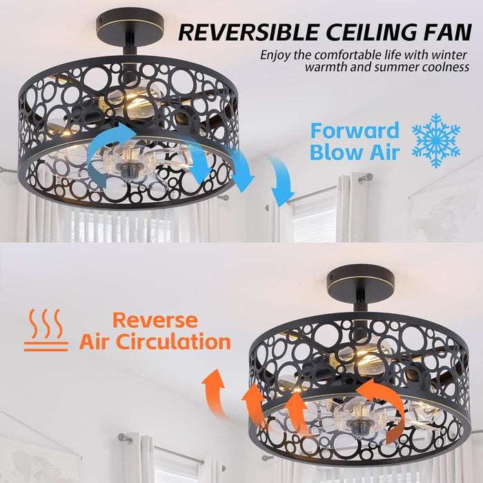 15 in. White Round Caged Ceiling Fan with Lights and Remote, Small Retro Farmhouse Flush Mount Bladeless Ceiling Fan Light Fixture for Bedroom Kitchen-13-ErisView