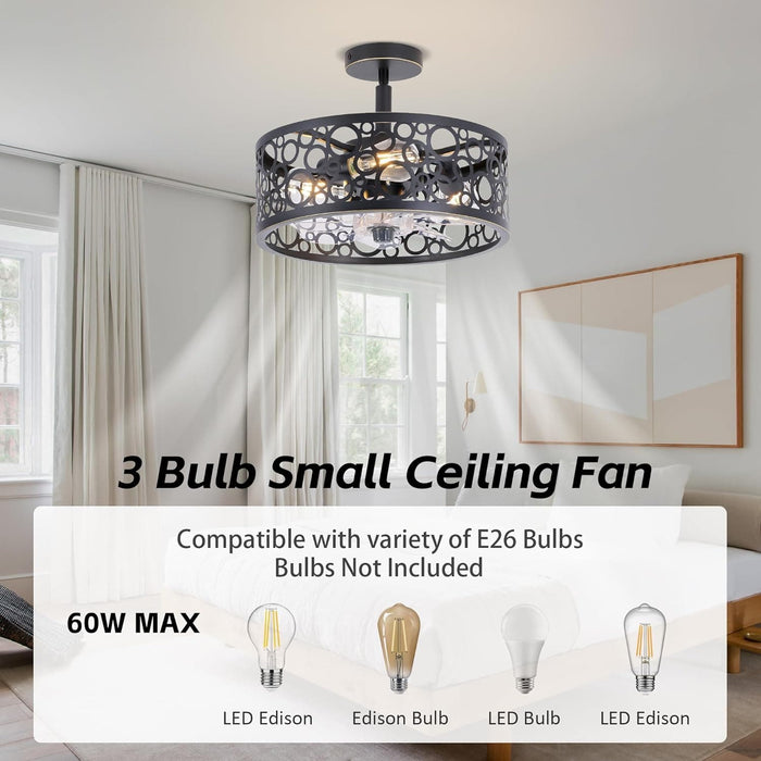 15 in. White Round Caged Ceiling Fan with Lights and Remote, Small Retro Farmhouse Flush Mount Bladeless Ceiling Fan Light Fixture for Bedroom Kitchen-14-ErisView