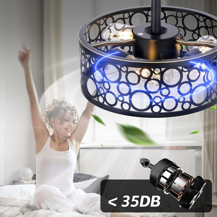15 in. White Round Caged Ceiling Fan with Lights and Remote, Small Retro Farmhouse Flush Mount Bladeless Ceiling Fan Light Fixture for Bedroom Kitchen-15-ErisView