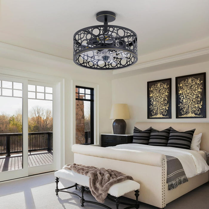 15 in. White Round Caged Ceiling Fan with Lights and Remote, Small Retro Farmhouse Flush Mount Bladeless Ceiling Fan Light Fixture for Bedroom Kitchen-18-ErisView