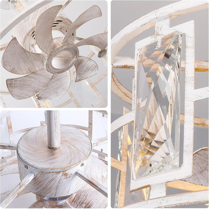 15 in. White Round Caged Ceiling Fan with Lights and Remote, Small Retro Farmhouse Flush Mount Bladeless Ceiling Fan Light Fixture for Bedroom Kitchen-20-ErisView