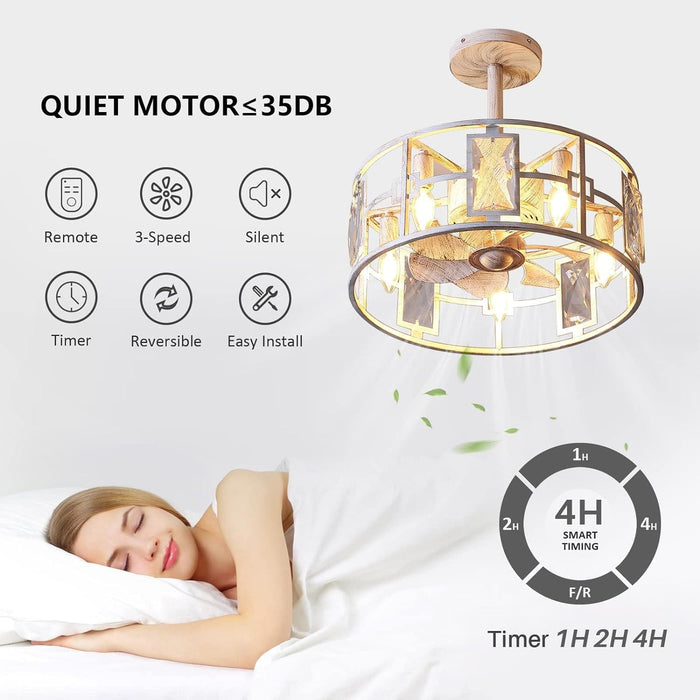 15 in. White Round Caged Ceiling Fan with Lights and Remote, Small Retro Farmhouse Flush Mount Bladeless Ceiling Fan Light Fixture for Bedroom Kitchen-21-ErisView