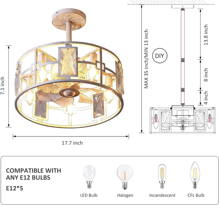 15 in. White Round Caged Ceiling Fan with Lights and Remote, Small Retro Farmhouse Flush Mount Bladeless Ceiling Fan Light Fixture for Bedroom Kitchen-22-ErisView