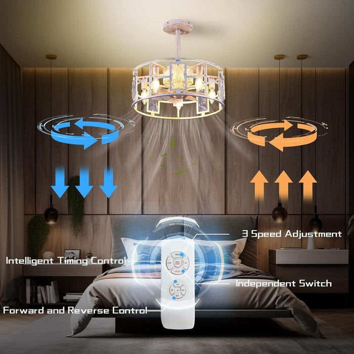 15 in. White Round Caged Ceiling Fan with Lights and Remote, Small Retro Farmhouse Flush Mount Bladeless Ceiling Fan Light Fixture for Bedroom Kitchen-23-ErisView