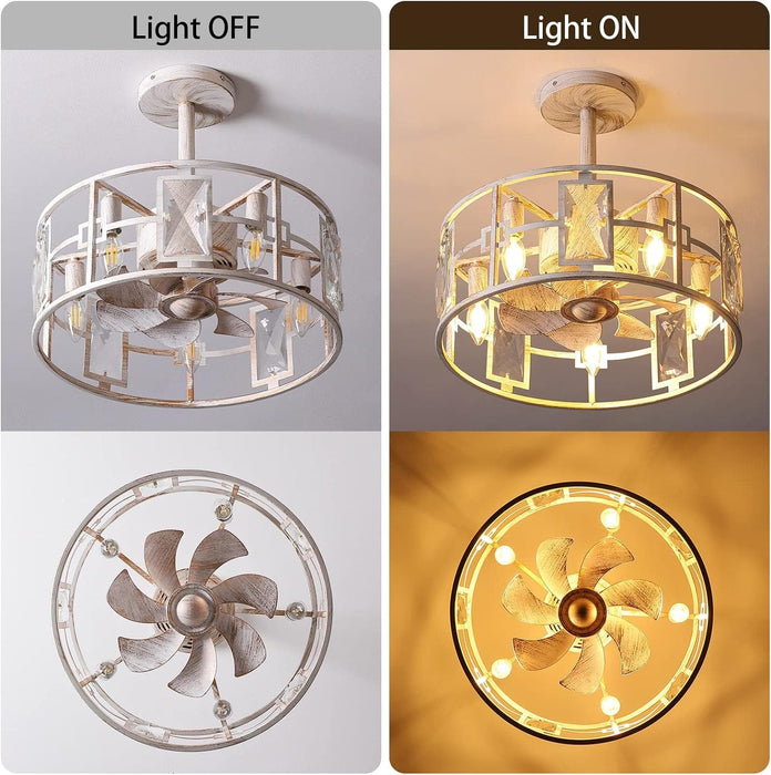 15 in. White Round Caged Ceiling Fan with Lights and Remote, Small Retro Farmhouse Flush Mount Bladeless Ceiling Fan Light Fixture for Bedroom Kitchen-25-ErisView
