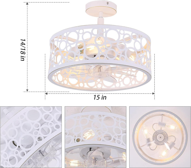 15 in. White Round Caged Ceiling Fan with Lights and Remote, Small Retro Farmhouse Flush Mount Bladeless Ceiling Fan Light Fixture for Bedroom Kitchen-2-ErisView