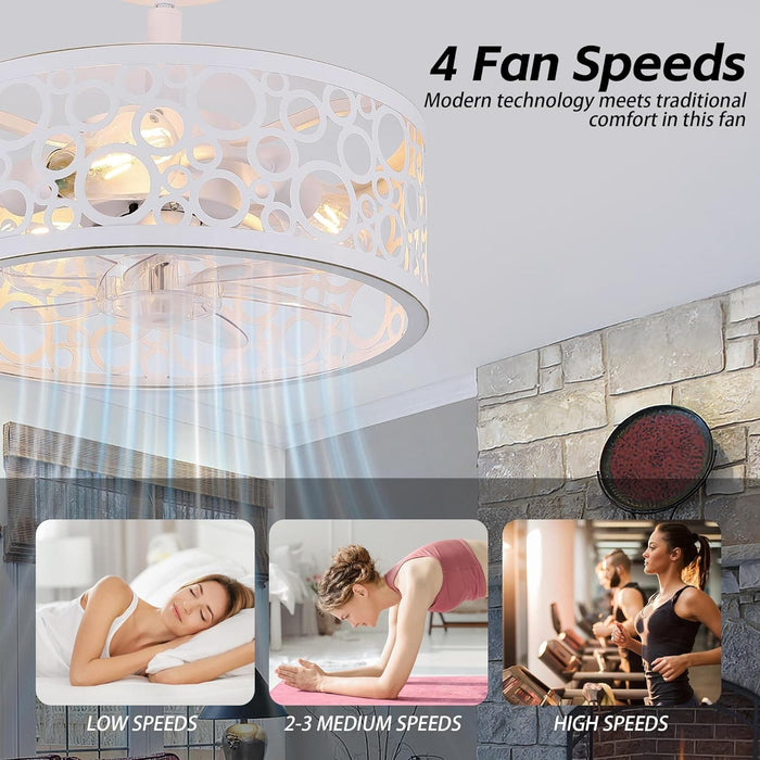 15 in. White Round Caged Ceiling Fan with Lights and Remote, Small Retro Farmhouse Flush Mount Bladeless Ceiling Fan Light Fixture for Bedroom Kitchen-3-ErisView
