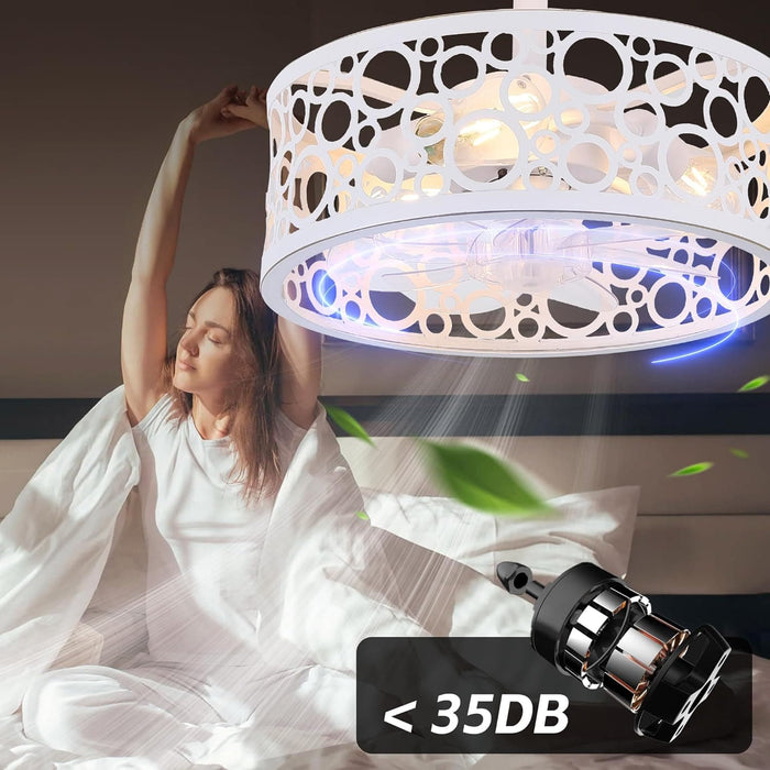 15 in. White Round Caged Ceiling Fan with Lights and Remote, Small Retro Farmhouse Flush Mount Bladeless Ceiling Fan Light Fixture for Bedroom Kitchen-6-ErisView