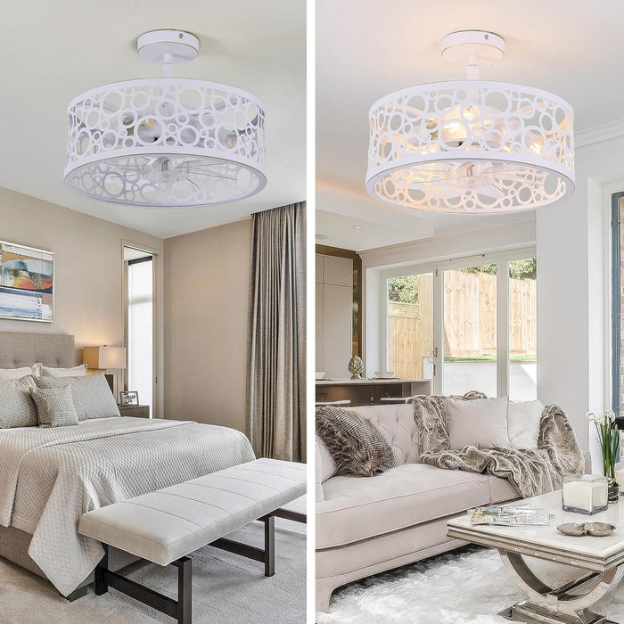 15 in. White Round Caged Ceiling Fan with Lights and Remote, Small Retro Farmhouse Flush Mount Bladeless Ceiling Fan Light Fixture for Bedroom Kitchen-7-ErisView