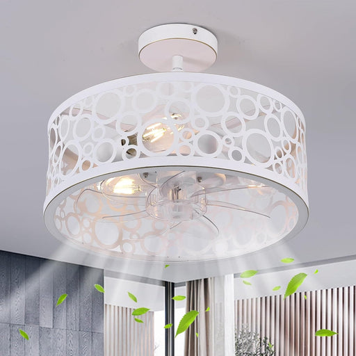 15 in. White Round Caged Ceiling Fan with Lights and Remote, Small Retro Farmhouse Flush Mount Bladeless Ceiling Fan Light Fixture for Bedroom Kitchen-1-ErisView