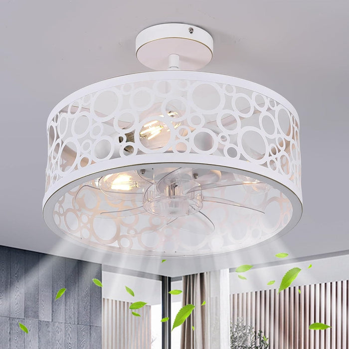 15 in. White Round Caged Ceiling Fan with Lights and Remote, Small Retro Farmhouse Flush Mount Bladeless Ceiling Fan Light Fixture for Bedroom Kitchen-1-ErisView