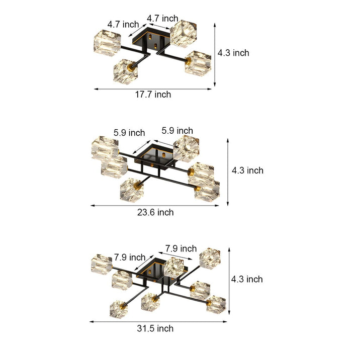 Modern Copper Crystal Cube Semi-Flush Mount Light Fixture. 4/6/8-Light
