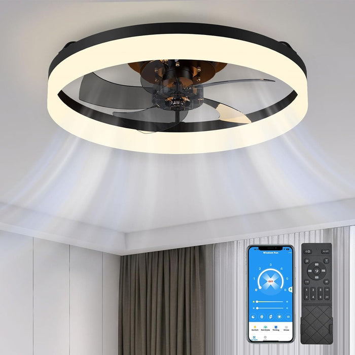 15.7 in. Low Profile Flush Mount Ceiling Fan with Remote, Black Bedroom Ceiling Fans with Lights, Bladeless Modern Ceiling Fan, Living Room Fan-12-ErisView