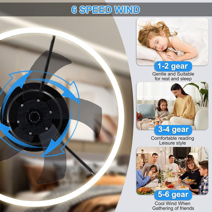 15.7 in. Low Profile Flush Mount Ceiling Fan with Remote, Black Bedroom Ceiling Fans with Lights, Bladeless Modern Ceiling Fan, Living Room Fan-14-ErisView