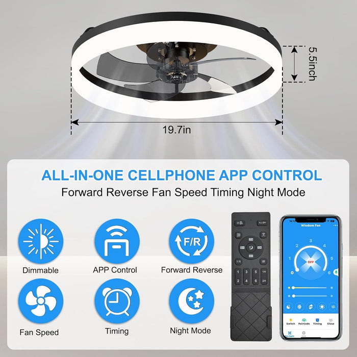 15.7 in. Low Profile Flush Mount Ceiling Fan with Remote, Black Bedroom Ceiling Fans with Lights, Bladeless Modern Ceiling Fan, Living Room Fan-15-ErisView