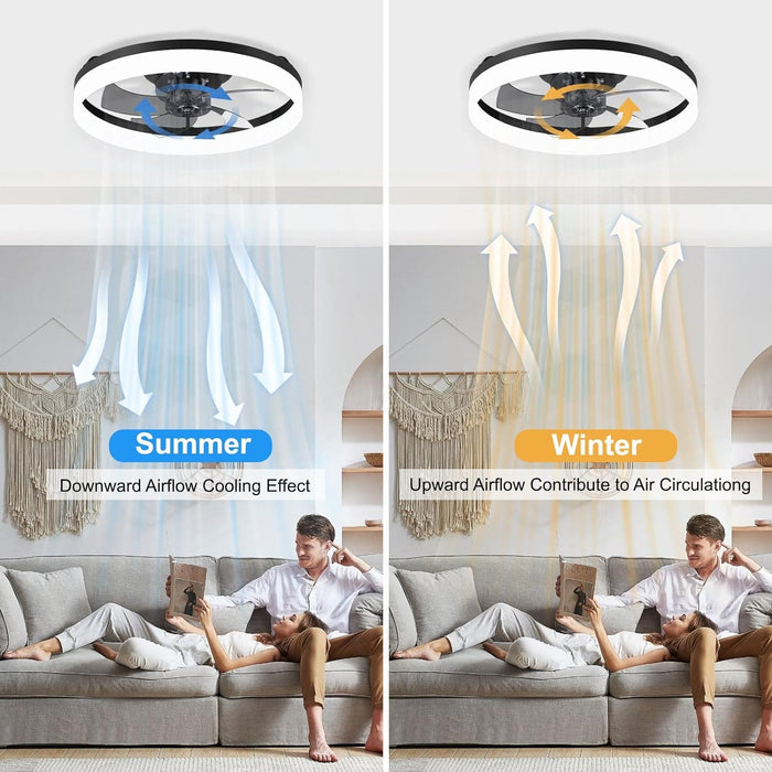 15.7 in. Low Profile Flush Mount Ceiling Fan with Remote, Black Bedroom Ceiling Fans with Lights, Bladeless Modern Ceiling Fan, Living Room Fan-17-ErisView