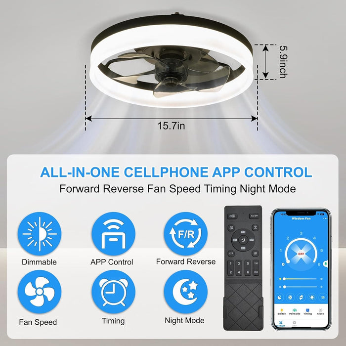 15.7 in. Low Profile Flush Mount Ceiling Fan with Remote, Black Bedroom Ceiling Fans with Lights, Bladeless Modern Ceiling Fan, Living Room Fan-4-ErisView