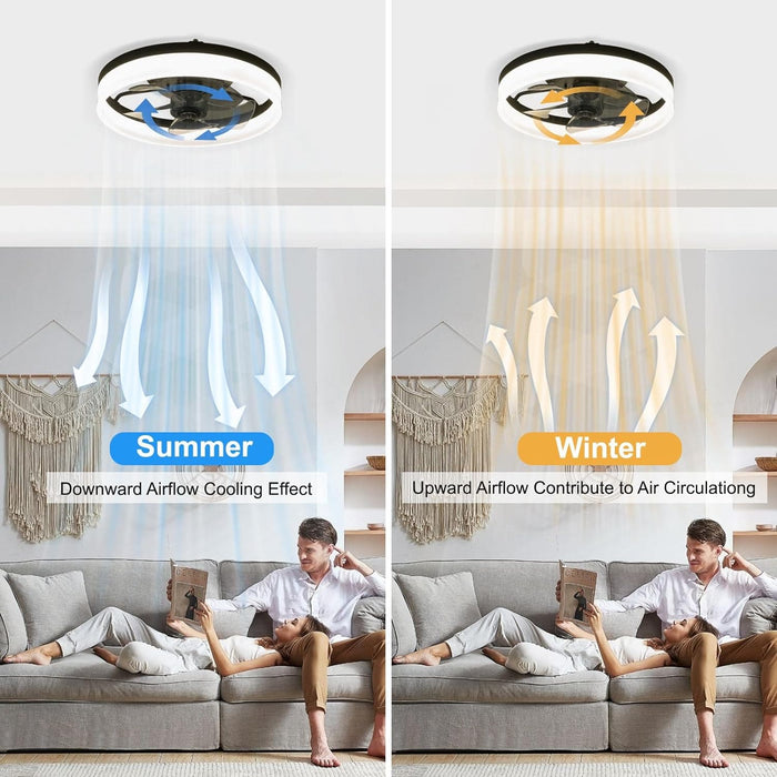 15.7 in. Low Profile Flush Mount Ceiling Fan with Remote, Black Bedroom Ceiling Fans with Lights, Bladeless Modern Ceiling Fan, Living Room Fan-6-ErisView