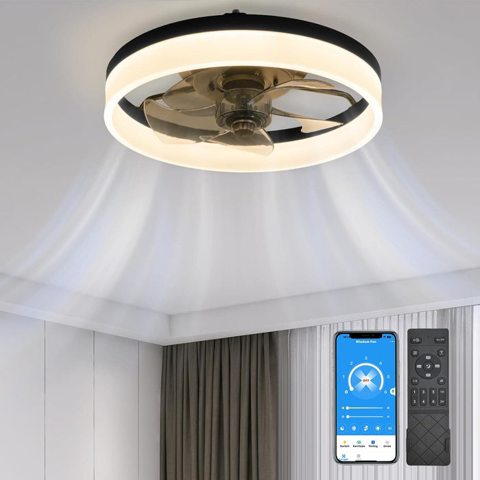 15.7 in. Low Profile Flush Mount Ceiling Fan with Remote, Black Bedroom Ceiling Fans with Lights, Bladeless Modern Ceiling Fan, Living Room Fan-1-ErisView