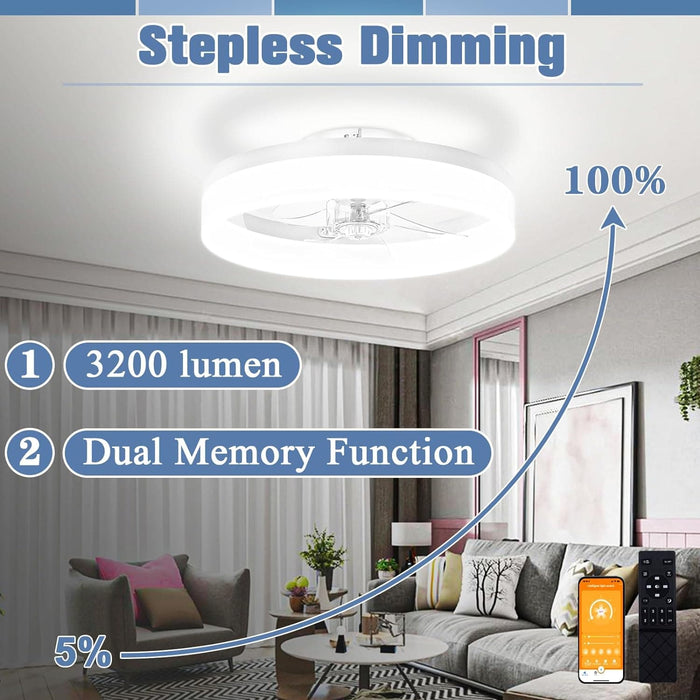 15.7 in. Modern Ceiling Fan Flush Mount, Ceiling Fan on Low Ceiling with Lights and Remote, Dimmable Bladeless LED Fan Light, White Chandelier Fan Light-5-ErisView