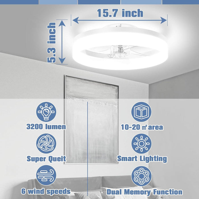 15.7 in. Modern Ceiling Fan Flush Mount, Ceiling Fan on Low Ceiling with Lights and Remote, Dimmable Bladeless LED Fan Light, White Chandelier Fan Light-6-ErisView