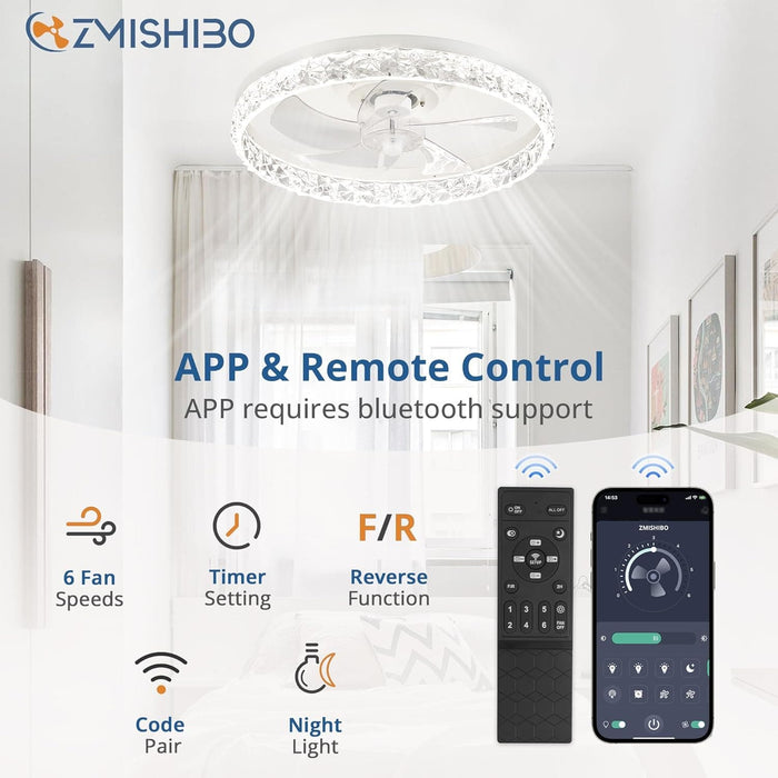 15.7 in. White Small Ceiling Fan with Low Profile Light and Remote, Flush Mount Reversible Dimmable Noiseless Ceiling Fan for Bedroom-10-ErisView