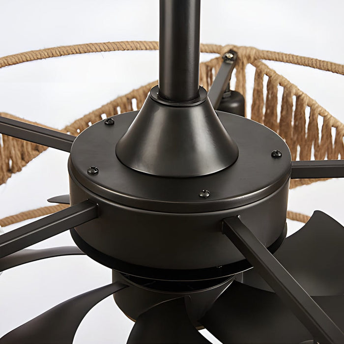 20-in Hemp Rope-Woven Caged Ceiling Fan with Light and Remote. 6-Speed