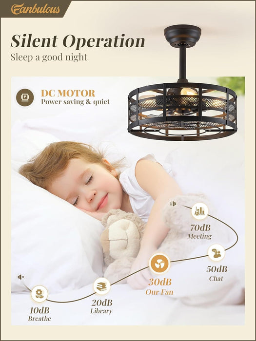 16 in. Black Caged Outdoor Ceiling Fans with Light and Remote, Outdoor Bladeless Fandelier Ceiling Fan Light Fixtures-2-ErisView