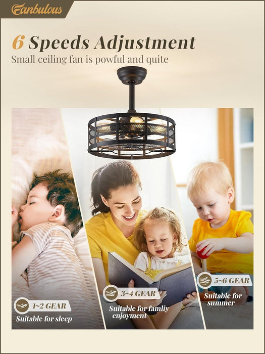 16 in. Black Caged Outdoor Ceiling Fans with Light and Remote, Outdoor Bladeless Fandelier Ceiling Fan Light Fixtures-3-ErisView