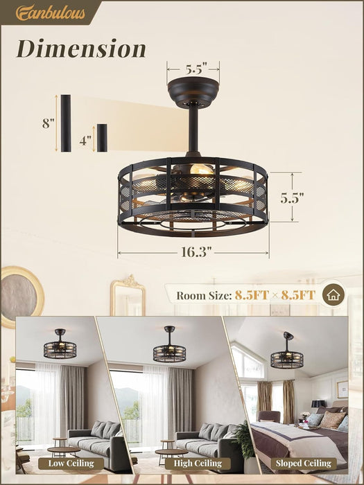 16 in. Black Caged Outdoor Ceiling Fans with Light and Remote, Outdoor Bladeless Fandelier Ceiling Fan Light Fixtures-5-ErisView