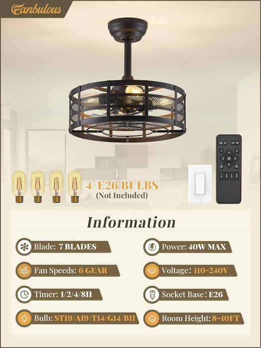 16 in. Black Caged Outdoor Ceiling Fans with Light and Remote, Outdoor Bladeless Fandelier Ceiling Fan Light Fixtures-6-ErisView