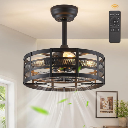 16 in. Black Caged Outdoor Ceiling Fans with Light and Remote, Outdoor Bladeless Fandelier Ceiling Fan Light Fixtures-1-ErisView