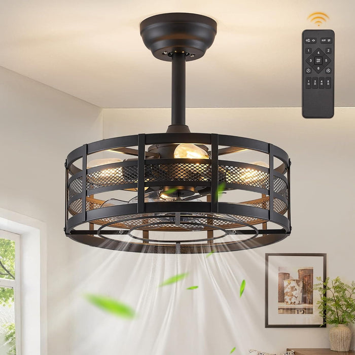 16 in. Black Caged Outdoor Ceiling Fans with Light and Remote, Outdoor Bladeless Fandelier Ceiling Fan Light Fixtures-1-ErisView