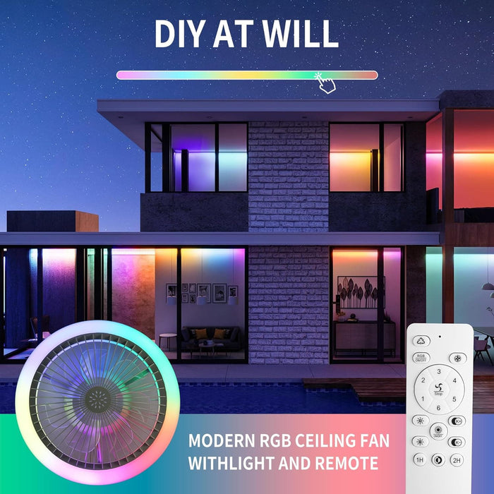 16 in. Black Low Profile Ceiling Fan and Light Remote, Small Modern Flush Mount Bladeless Ceiling Fan, Round Dimmable Reversible Ceiling Fan for Bedroom-11-ErisView