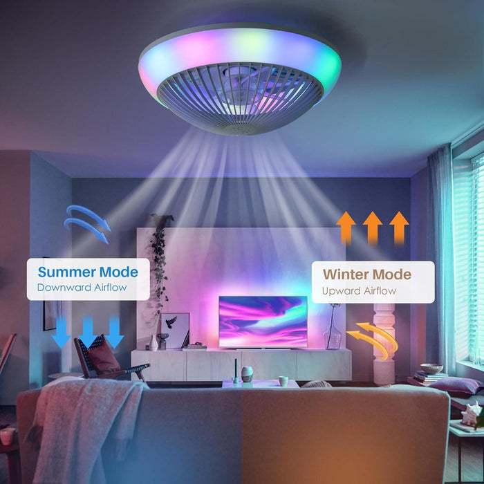16 in. Black Low Profile Ceiling Fan and Light Remote, Small Modern Flush Mount Bladeless Ceiling Fan, Round Dimmable Reversible Ceiling Fan for Bedroom-12-ErisView