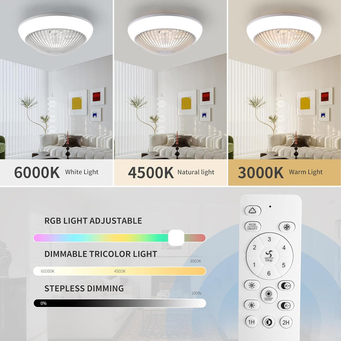 16 in. Black Low Profile Ceiling Fan and Light Remote, Small Modern Flush Mount Bladeless Ceiling Fan, Round Dimmable Reversible Ceiling Fan for Bedroom-13-ErisView
