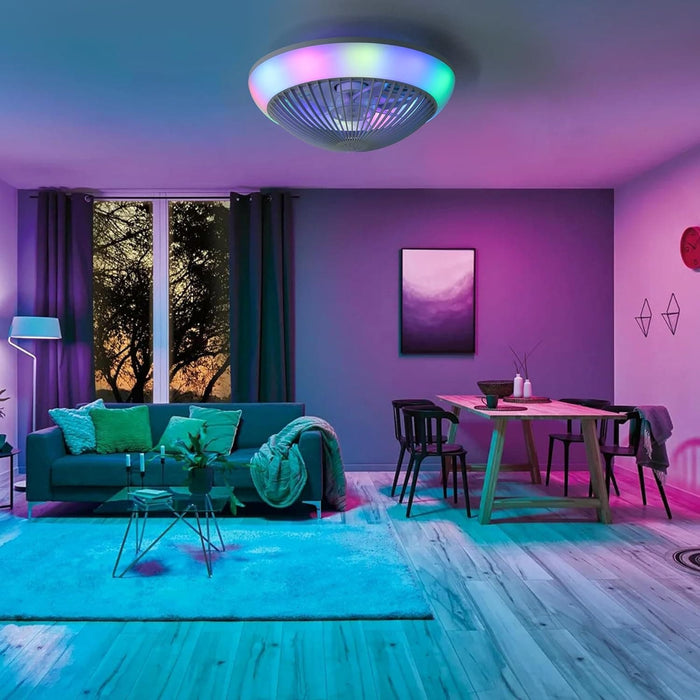 16 in. Black Low Profile Ceiling Fan and Light Remote, Small Modern Flush Mount Bladeless Ceiling Fan, Round Dimmable Reversible Ceiling Fan for Bedroom-16-ErisView