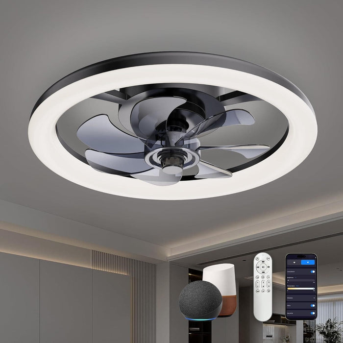 16 in. Black Low Profile Ceiling Fan and Light Remote, Small Modern Flush Mount Bladeless Ceiling Fan, Round Dimmable Reversible Ceiling Fan for Bedroom-17-ErisView